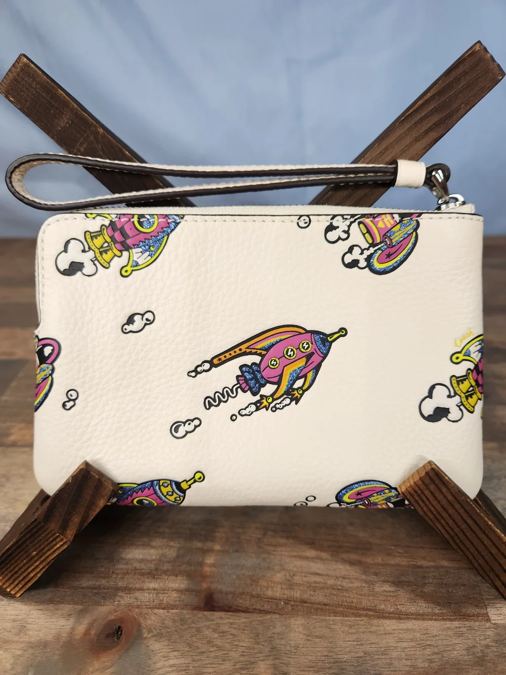 Coach Cosmic Corner Zip Wristlet With Rocket Print